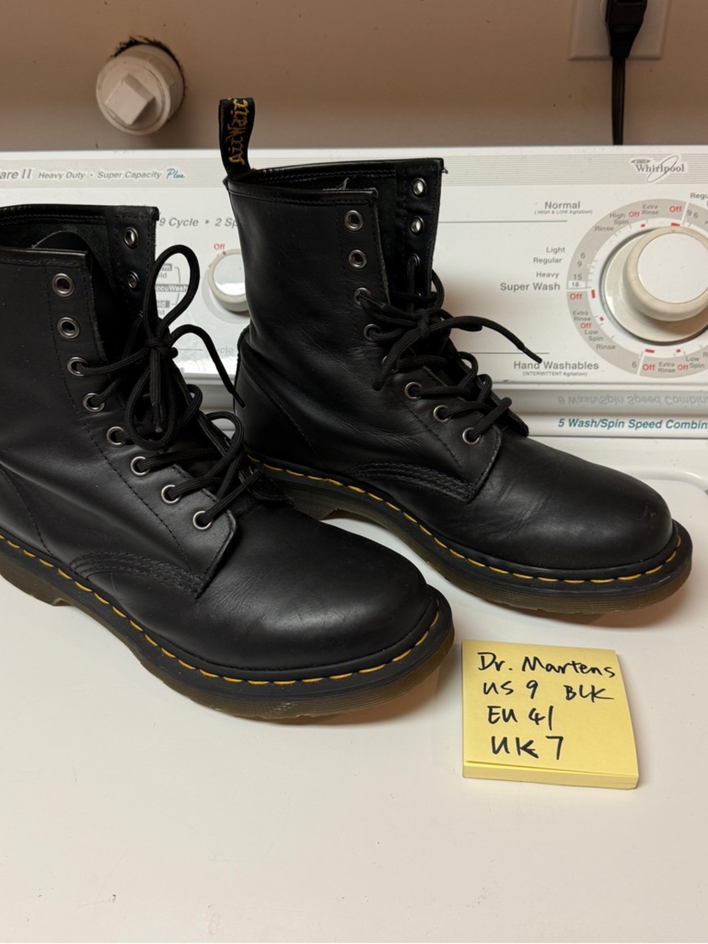 Dr. Martens Black Leather 8-Eye Lace-Up Boots with Yellow Stitching US9 EU41